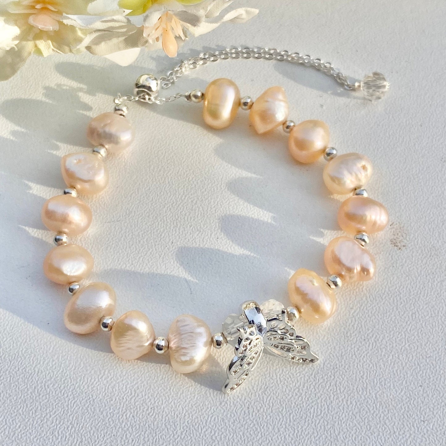 Freshwater Pearl And Butterfly Alloy Adjustable Bracelet, Gemstone Beads Bracelet for Women Girl, Reiki Birthstone, Healing Crystal