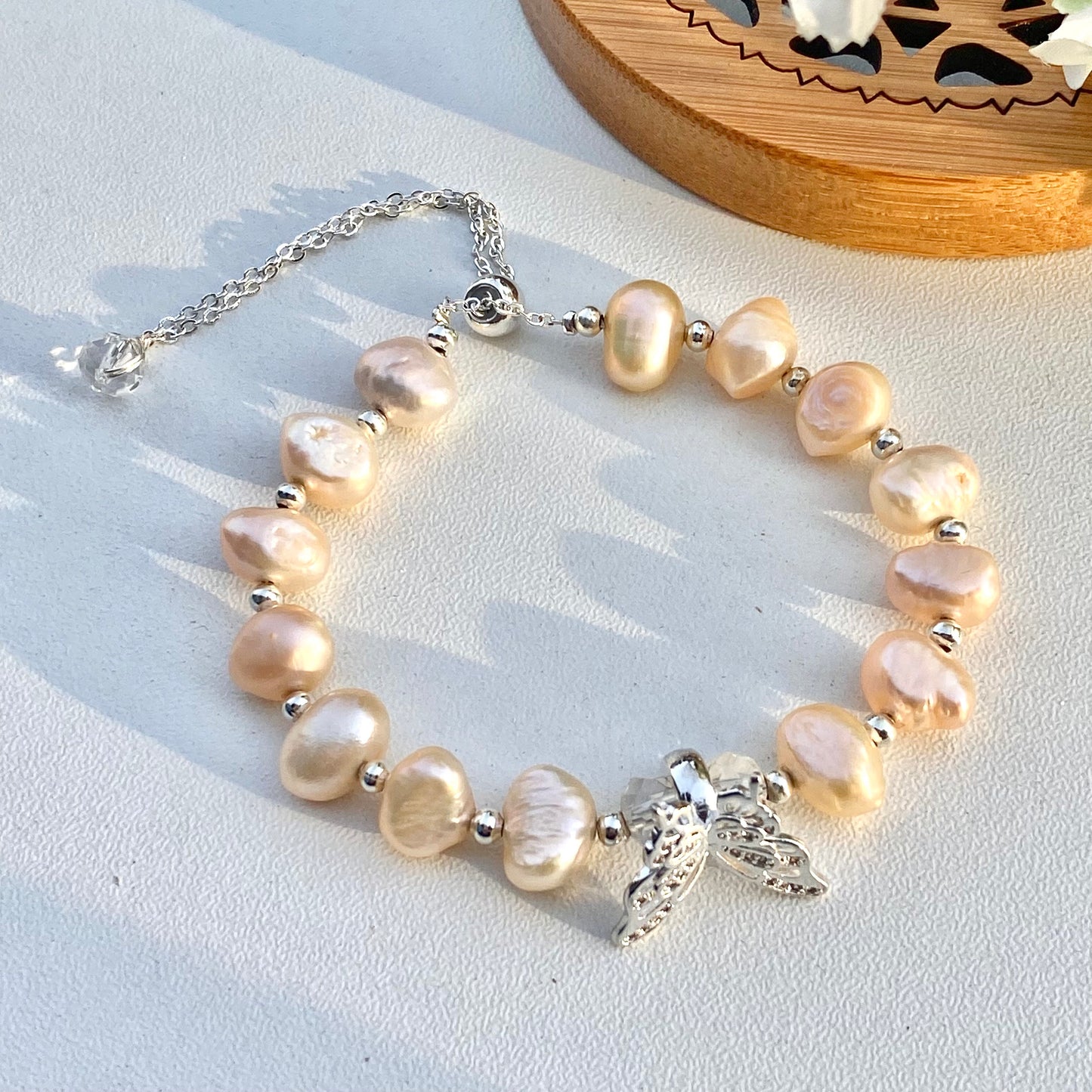 Freshwater Pearl And Butterfly Alloy Adjustable Bracelet, Gemstone Beads Bracelet for Women Girl, Reiki Birthstone, Healing Crystal