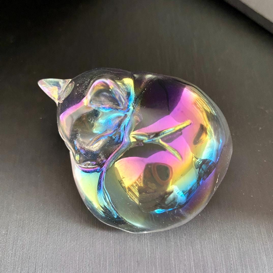 Rainbow Aura Cat Sculpture, Hand Carved Iridescent Sleeping Kitten, Unique Desk Pet, Sympathy Gift for Cat Loss, Crystal Home Office Decor