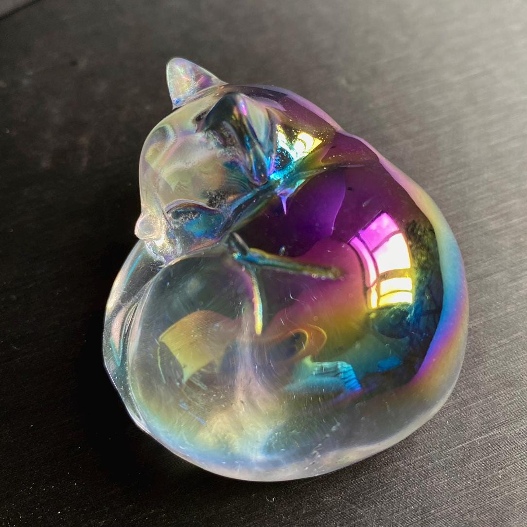Rainbow Aura Cat Sculpture, Hand Carved Iridescent Sleeping Kitten, Unique Desk Pet, Sympathy Gift for Cat Loss, Crystal Home Office Decor