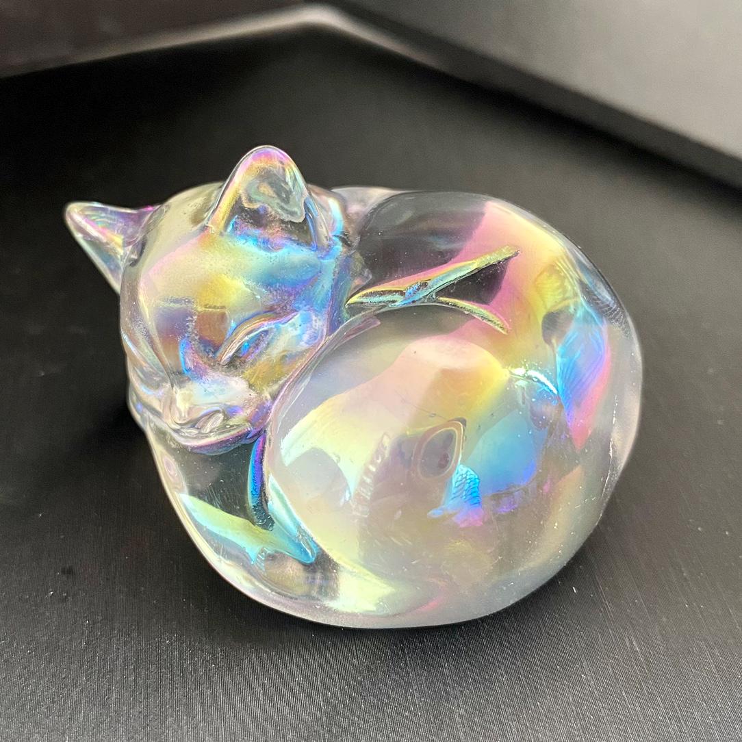 Rainbow Aura Cat Sculpture, Hand Carved Iridescent Sleeping Kitten, Unique Desk Pet, Sympathy Gift for Cat Loss, Crystal Home Office Decor