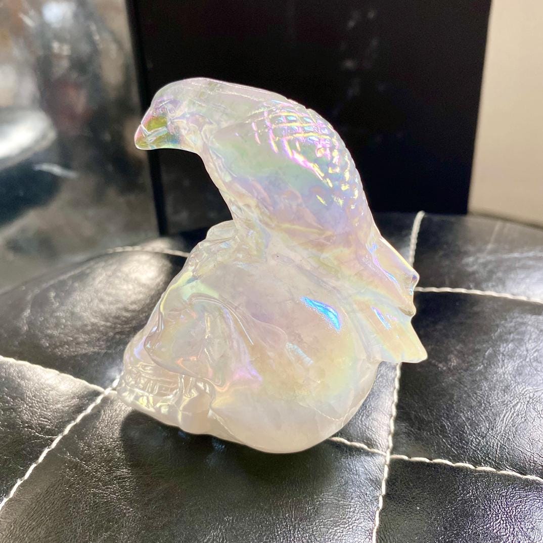 gift for Mother's day Angel Aura Quartz Skull & Eagle Carving | Crystal Figurine | Spiritual Healing Protection Gemstone Decor