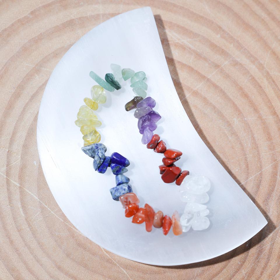 7 Chakra Tumbled Crystal Set with Selenite Moon Plate, Bracelet, Wish Bottle,Gift for Mom
