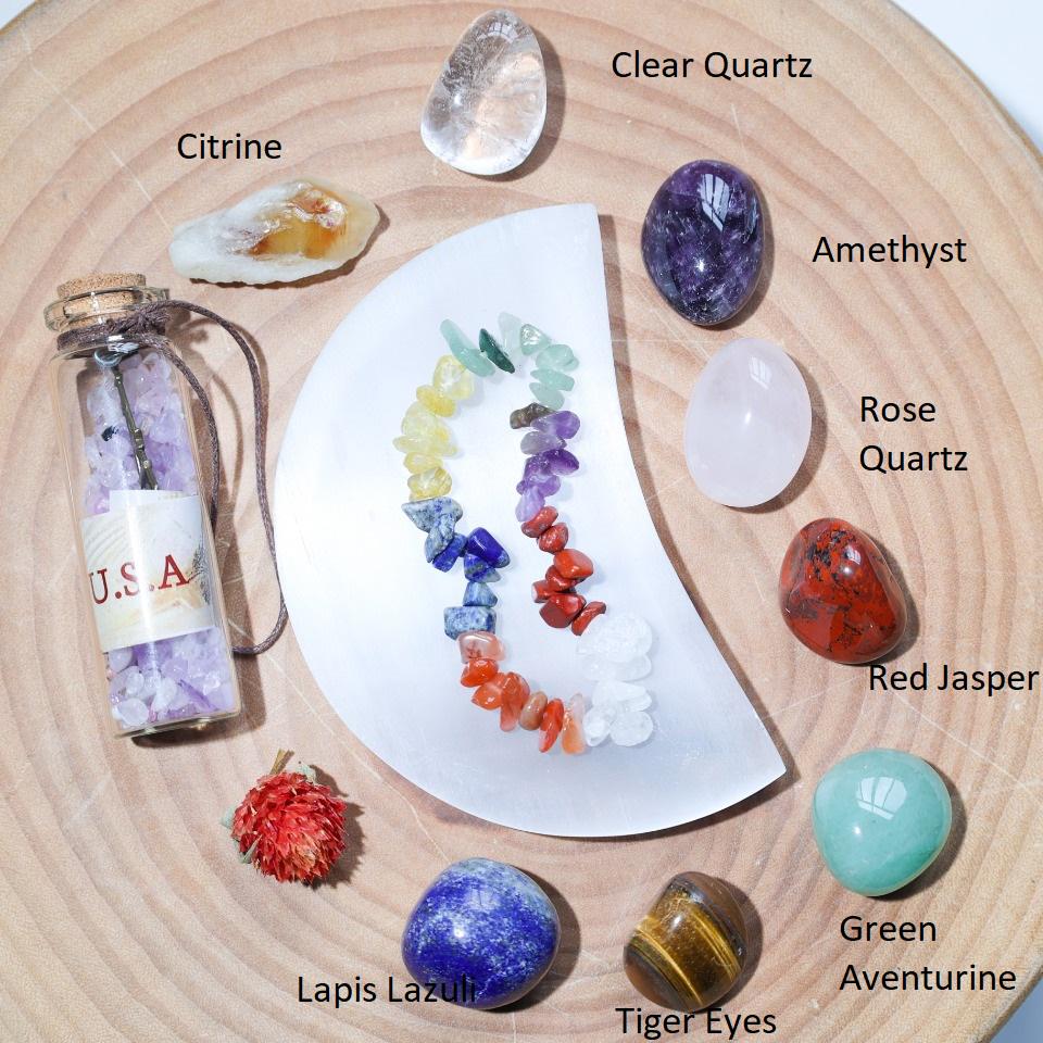 7 Chakra Tumbled Crystal Set with Selenite Moon Plate, Bracelet, Wish Bottle,Gift for Mom