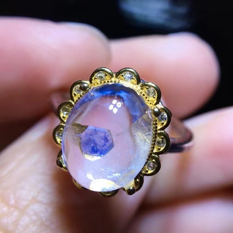 Natural Blue Fluorite In Quartz Ring, 925 Sterling Silver, Adjustable Ring for Women/Men, Handmade Jewelry, Crystal Ring for Birthday Gift