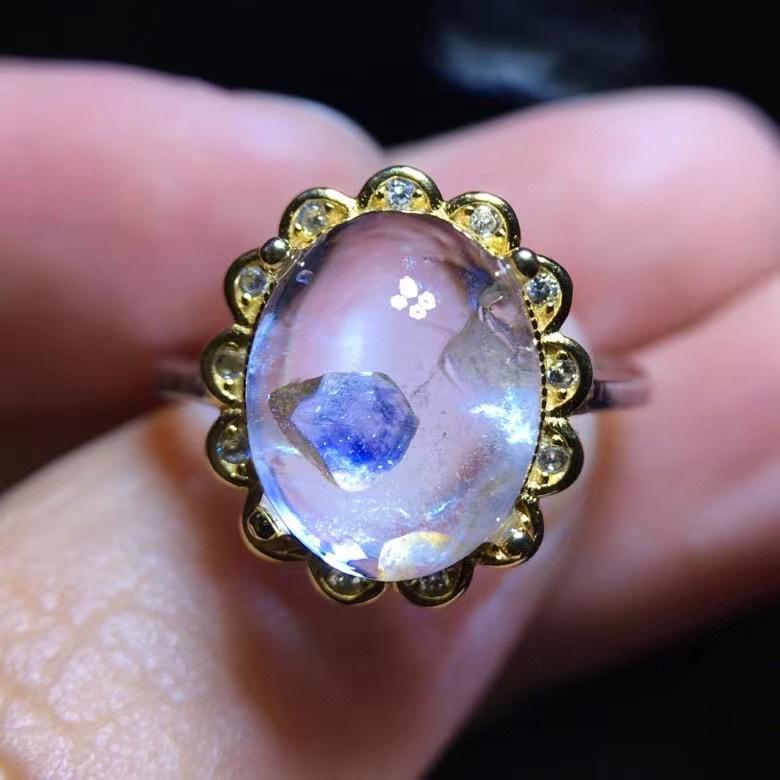 Natural Blue Fluorite In Quartz Ring, 925 Sterling Silver, Adjustable Ring for Women/Men, Handmade Jewelry, Crystal Ring for Birthday Gift