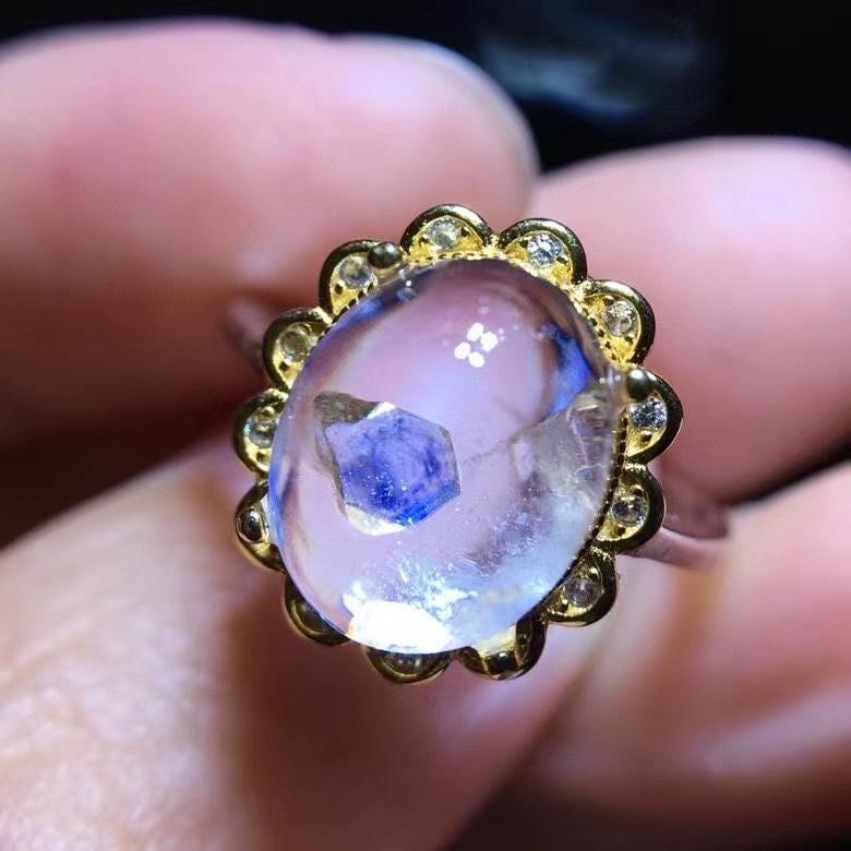 Natural Blue Fluorite In Quartz Ring, 925 Sterling Silver, Adjustable Ring for Women/Men, Handmade Jewelry, Crystal Ring for Birthday Gift