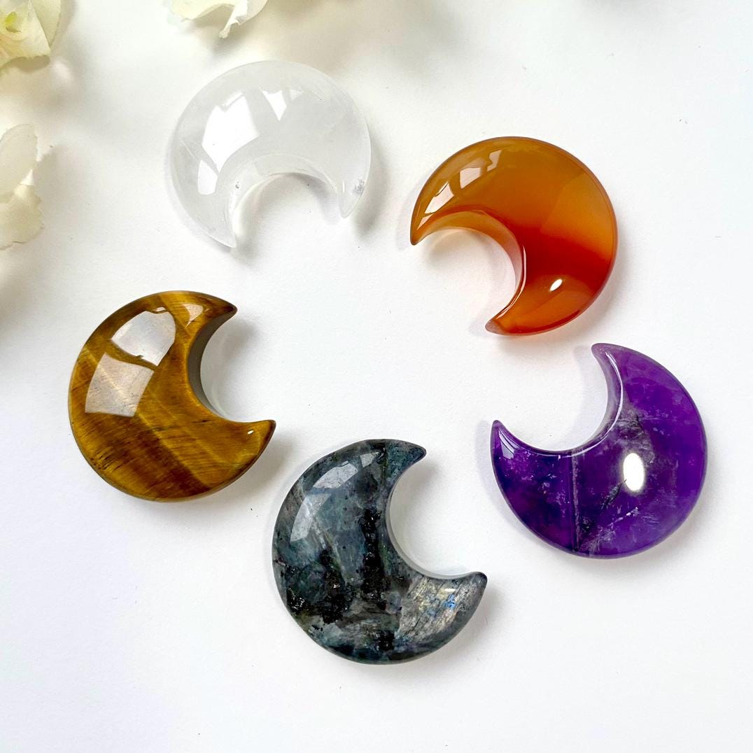 Natural Crystal Carved Moon Pocket Stone | Gemstone Crescent Moon | Healing Energy Crystal | Moon Decor Gift | Funny Birthday Gift