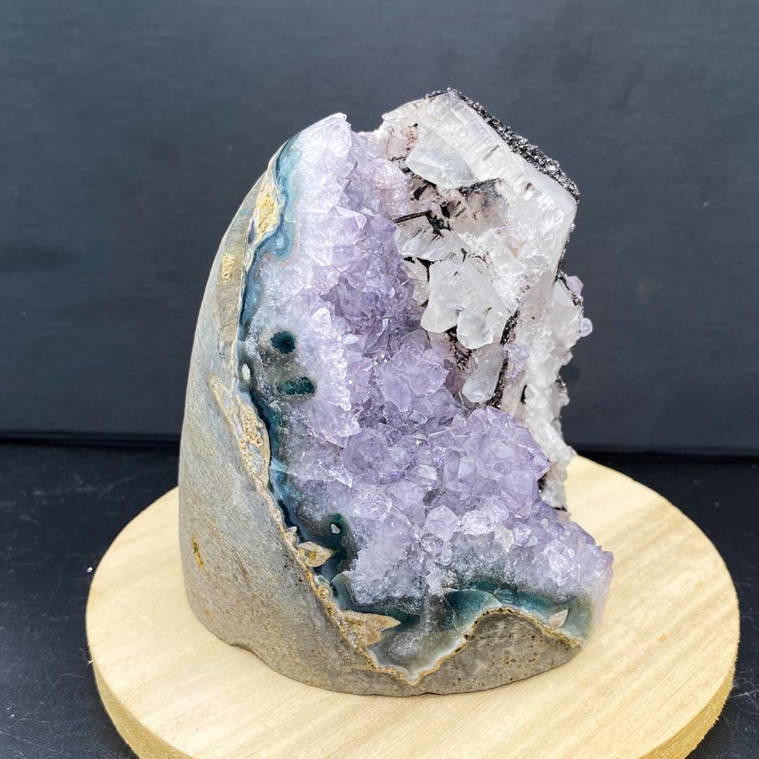 Natural Pale Amethyst Geode Cluster with Optical Calcite Iceland Spar | Raw Amethyst Healing Crystal for Home Decor Gift,Gift for Mom