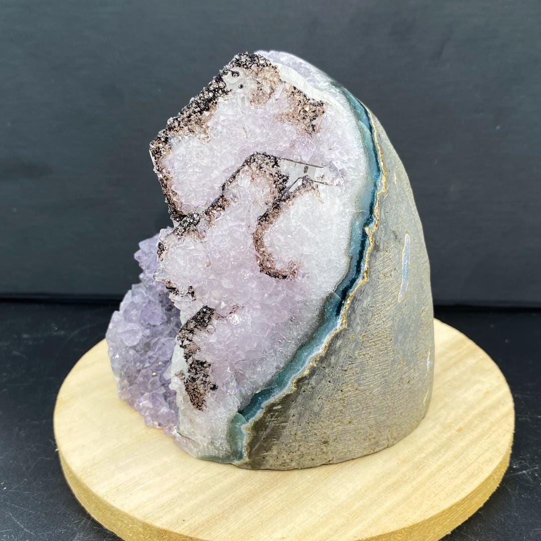 Natural Pale Amethyst Geode Cluster with Optical Calcite Iceland Spar | Raw Amethyst Healing Crystal for Home Decor Gift,Gift for Mom