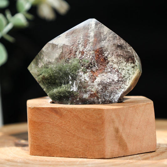 Green Garden Quartz Point with Stand, Lodolite Crystal Collection,Gift for Mom
