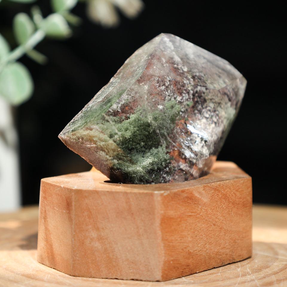 Green Garden Quartz Point with Stand, Lodolite Crystal Collection,Gift for Mom