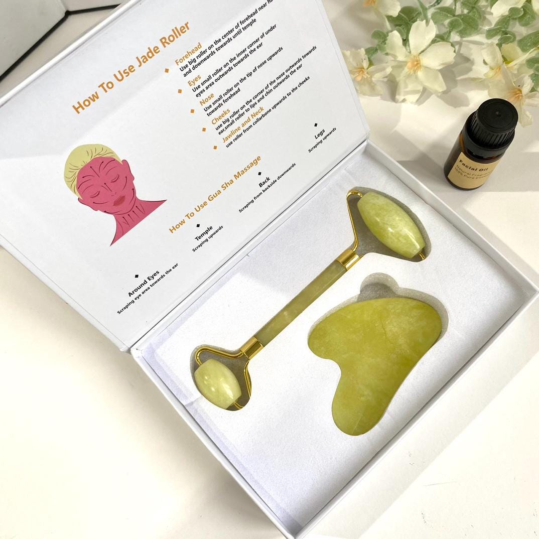 Natural Crystal Massage Tool Box,Crystal Face Roller,Essential Oil,Gua Sha Tool,Crystal Body and Facial Massage Roller,Skin Care Tool Gift