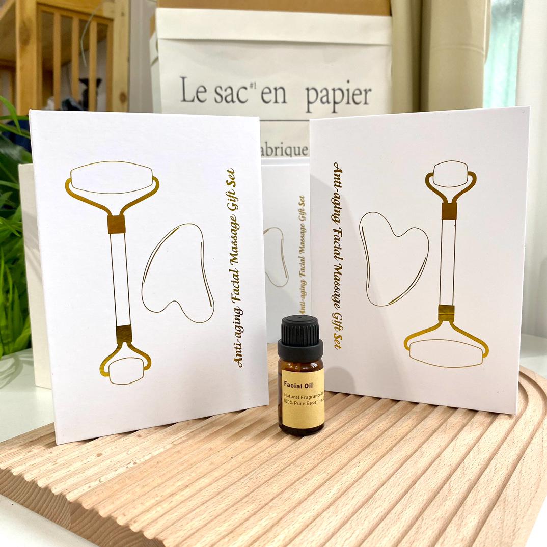 Natural Crystal Massage Tool Box,Crystal Face Roller,Essential Oil,Gua Sha Tool,Crystal Body and Facial Massage Roller,Skin Care Tool Gift
