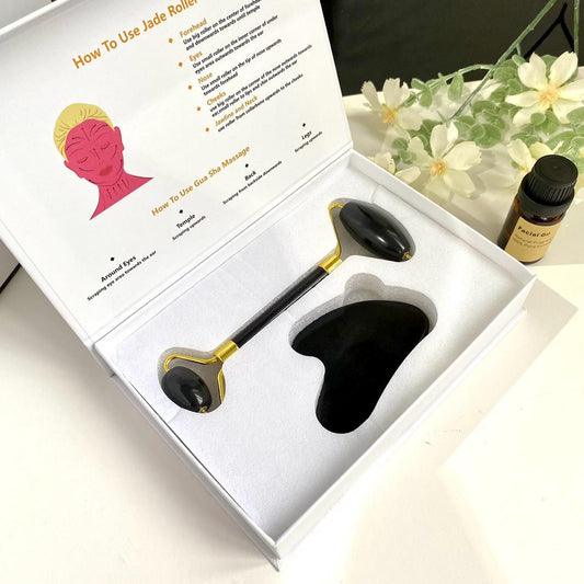 Natural Crystal Massage Tool Box,Crystal Face Roller,Essential Oil,Gua Sha Tool,Crystal Body and Facial Massage Roller,Skin Care Tool Gift
