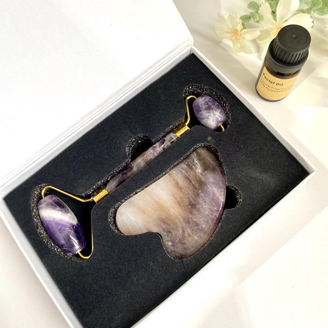 Natural Crystal Massage Tool Box,Crystal Face Roller,Essential Oil,Gua Sha Tool,Crystal Body and Facial Massage Roller,Skin Care Tool Gift