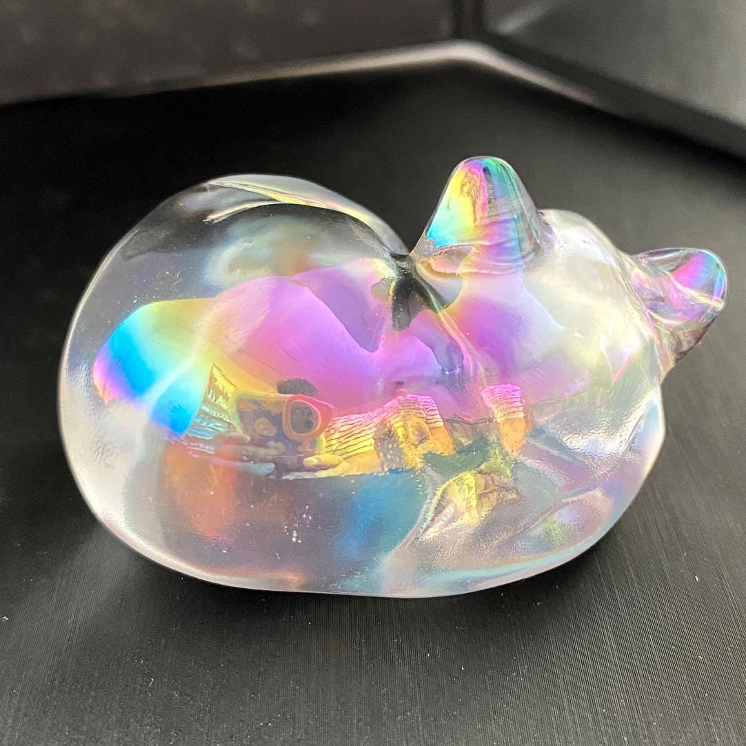 Rainbow Aura Cat Sculpture, Hand Carved Iridescent Sleeping Kitten, Unique Desk Pet, Sympathy Gift for Cat Loss, Crystal Home Office Decor