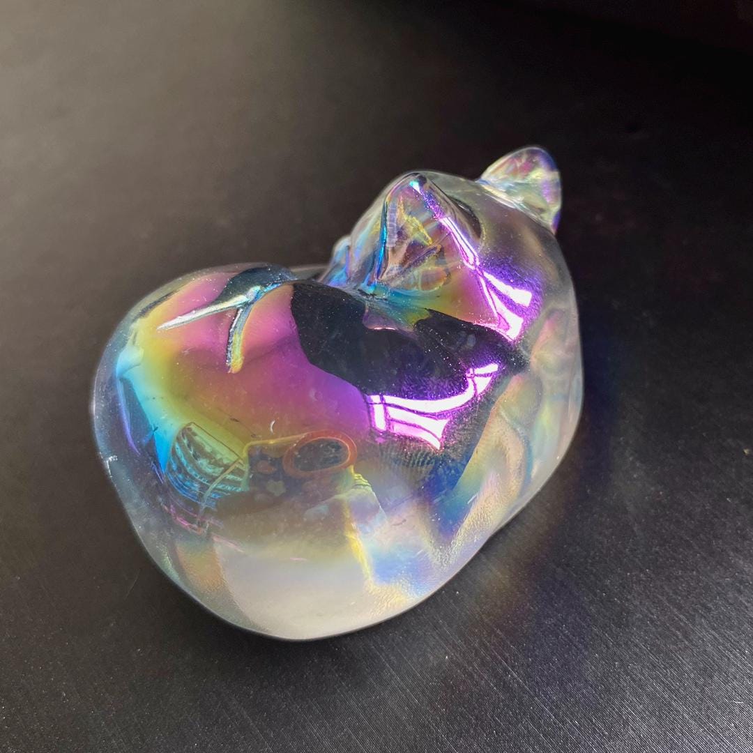 Rainbow Aura Cat Sculpture, Hand Carved Iridescent Sleeping Kitten, Unique Desk Pet, Sympathy Gift for Cat Loss, Crystal Home Office Decor