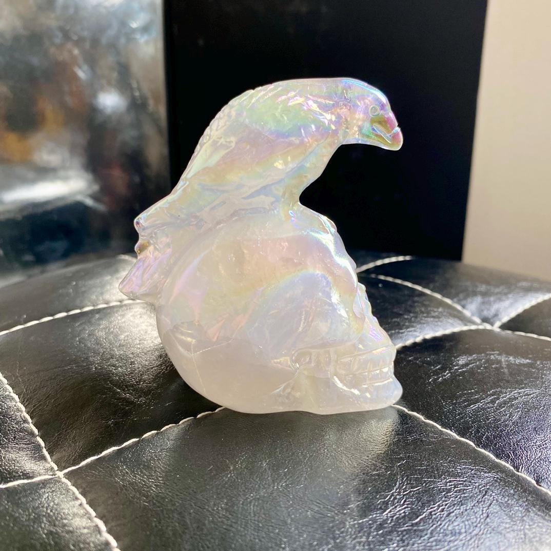 gift for Mother's day Angel Aura Quartz Skull & Eagle Carving | Crystal Figurine | Spiritual Healing Protection Gemstone Decor
