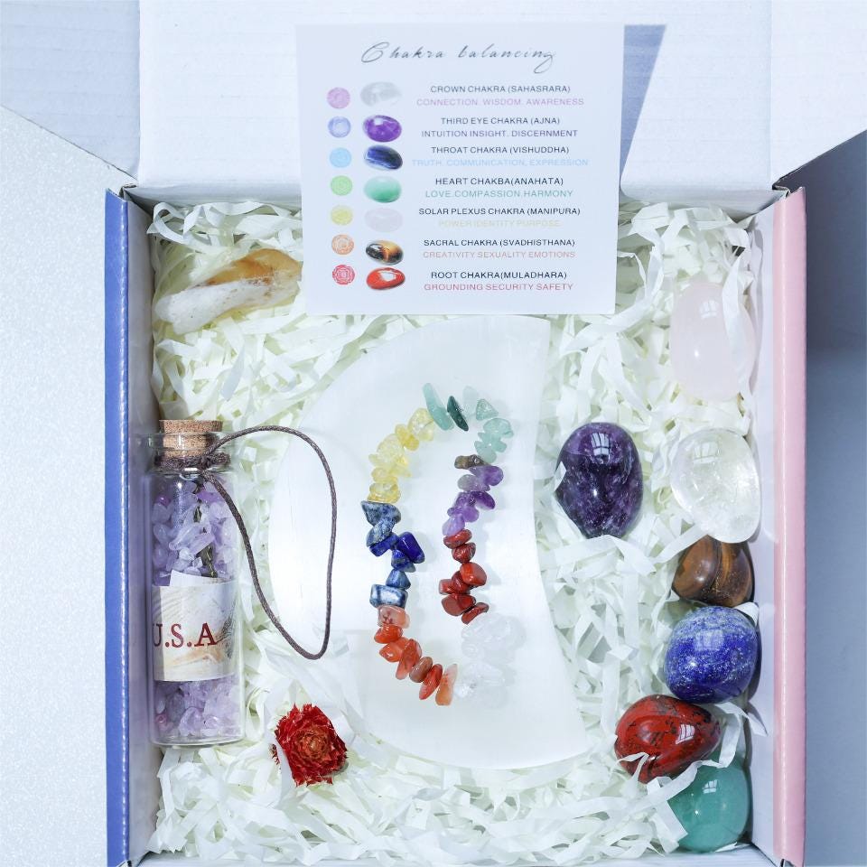 7 Chakra Tumbled Crystal Set with Selenite Moon Plate, Bracelet, Wish Bottle,Gift for Mom