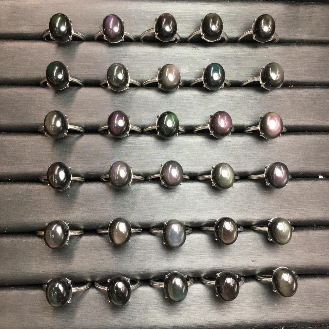 925 Sterling Silver, Natural Rainbow Obsidian Ring Gift, Adjustable Ring, Obsidian Rings, Handmade Jewelry, Crystal Rings for Birthday Gift
