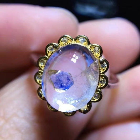 Natural Blue Fluorite In Quartz Ring, 925 Sterling Silver, Adjustable Ring for Women/Men, Handmade Jewelry, Crystal Ring for Birthday Gift