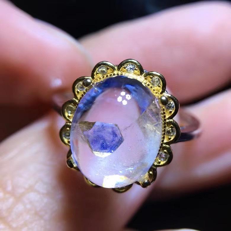 Natural Blue Fluorite In Quartz Ring, 925 Sterling Silver, Adjustable Ring for Women/Men, Handmade Jewelry, Crystal Ring for Birthday Gift