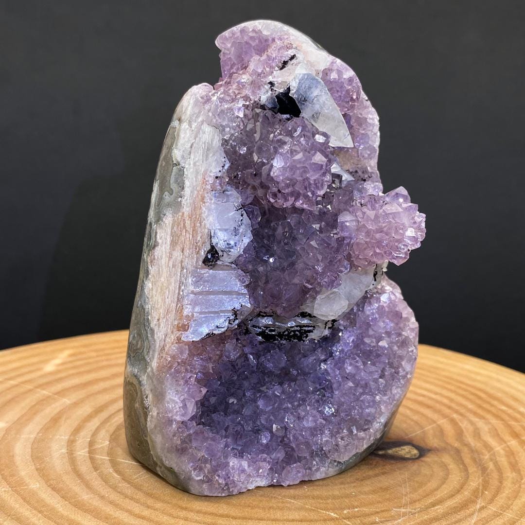 Natural Amethyst Cluster | Pale Amethyst Geode with Optical Calcite Iceland Spar | Healing Crystal Decor Gift,Gift for Mom