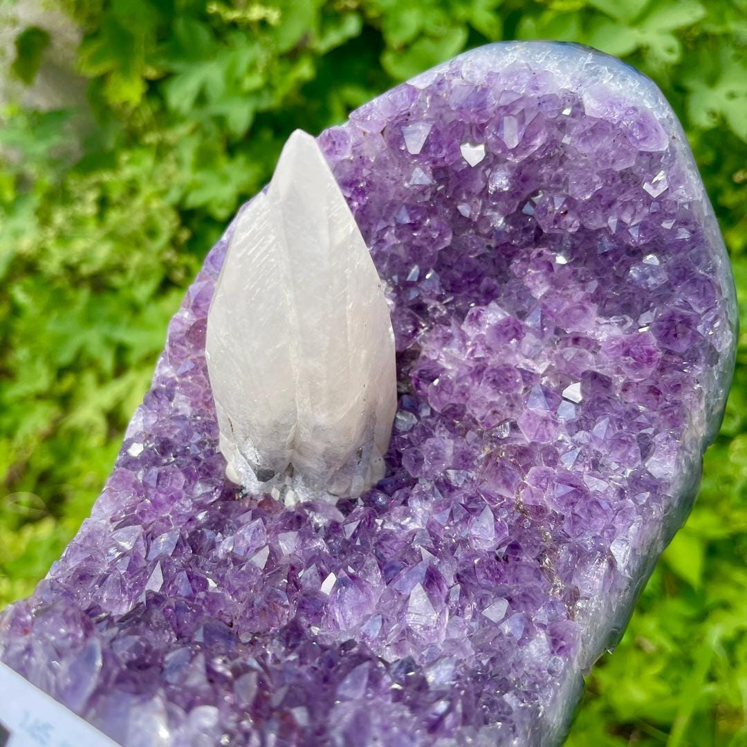 Natural Amethyst Cluster with Calcite Specimen, Rare Amethyst Collection, Mineral Specimen Collection, Amethyst Geode with Calcite Gift