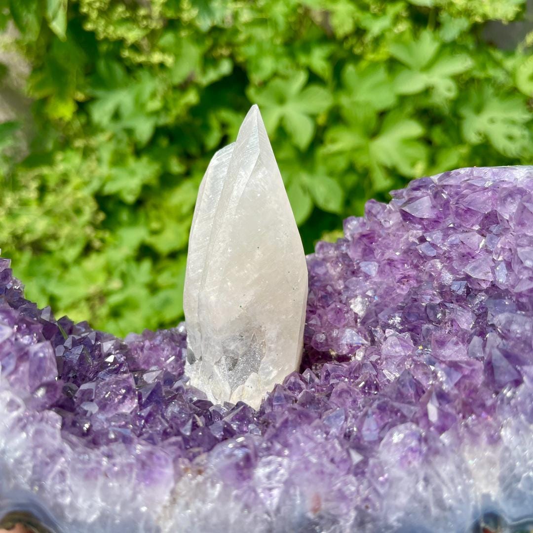 Natural Amethyst Cluster with Calcite Specimen, Rare Amethyst Collection, Mineral Specimen Collection, Amethyst Geode with Calcite Gift