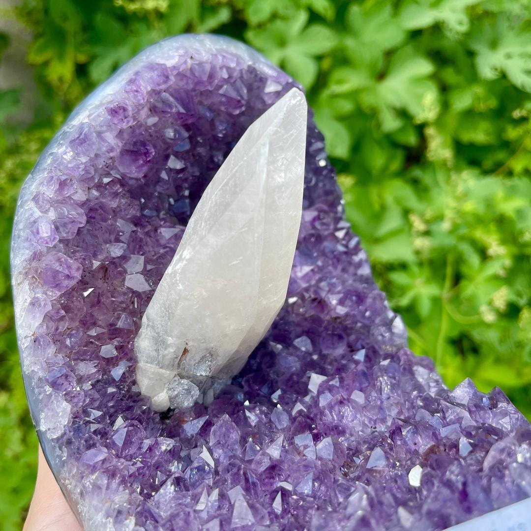 Natural Amethyst Cluster with Calcite Specimen, Rare Amethyst Collection, Mineral Specimen Collection, Amethyst Geode with Calcite Gift