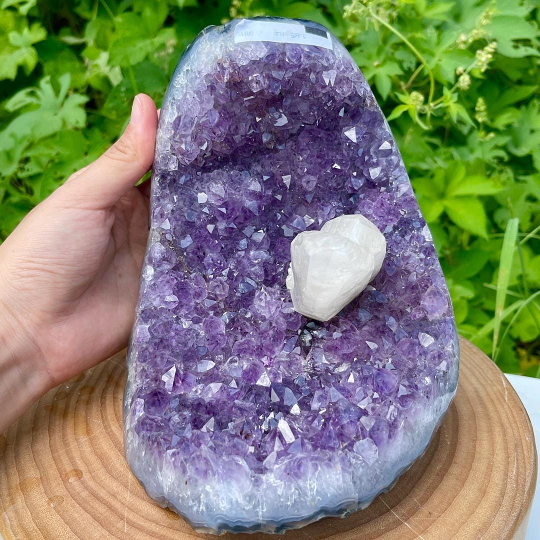 Natural Amethyst Cluster with Calcite Specimen, Rare Amethyst Collection, Mineral Specimen Collection, Amethyst Geode with Calcite Gift