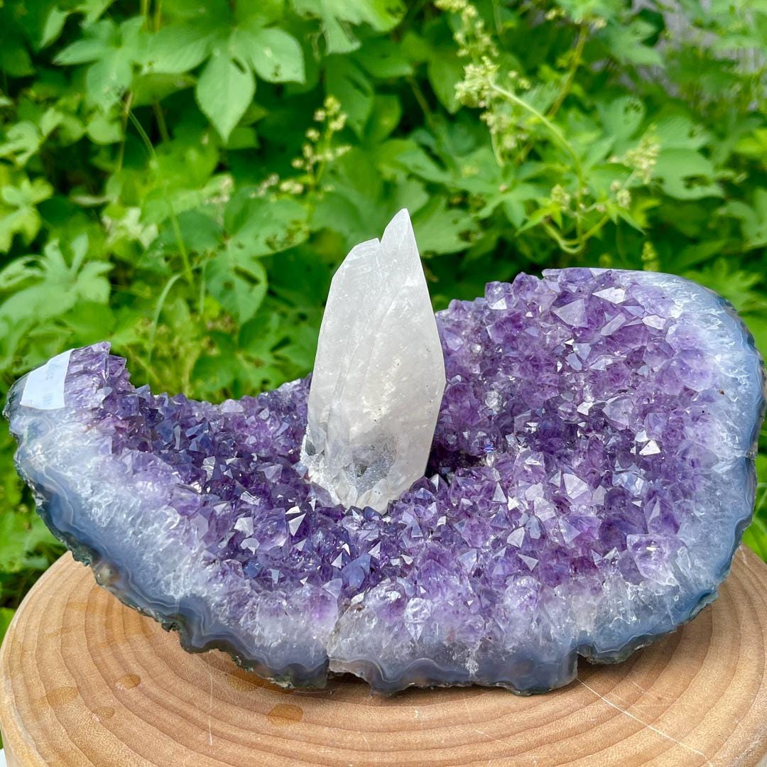 Natural Amethyst Cluster with Calcite Specimen, Rare Amethyst Collection, Mineral Specimen Collection, Amethyst Geode with Calcite Gift