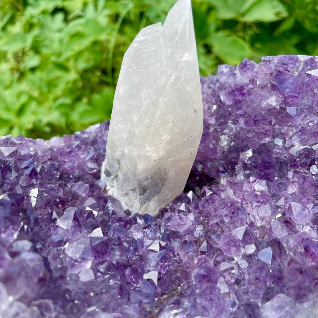 Natural Amethyst Cluster with Calcite Specimen, Rare Amethyst Collection, Mineral Specimen Collection, Amethyst Geode with Calcite Gift