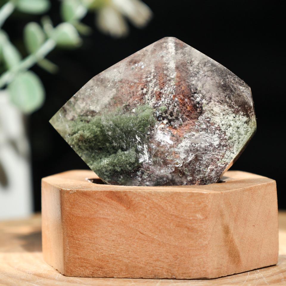 Green Garden Quartz Point with Stand, Lodolite Crystal Collection,Gift for Mom