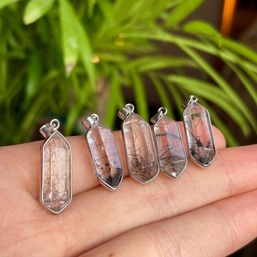 Natural Black Rutilated Quartz Pendant, S925 Sterling Silver Crystal Pendant Gift, Crystal Necklace, Handmade Jewelry for Birthday Gift