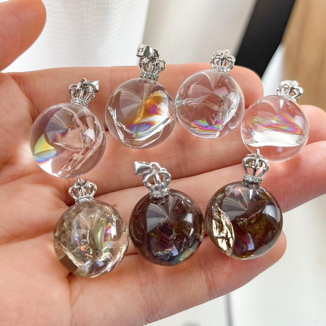 Rainbow Clear Quartz Sphere Pendant, S925 Sterling Silver Crown Bail, Natural Smoky Crystal Ball NecklaceWitchy Celestial Gift for Her
