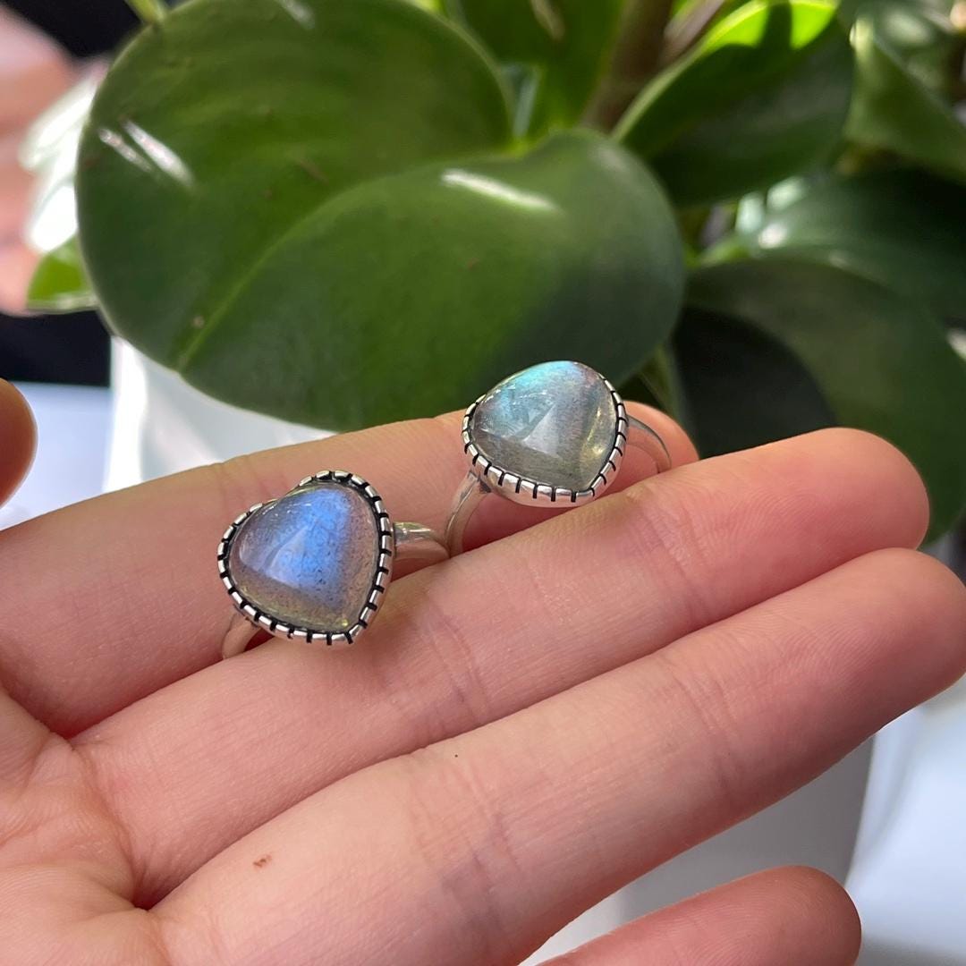 Labradorite Heart Ring, 925 Sterling Silver, Adjustable Size