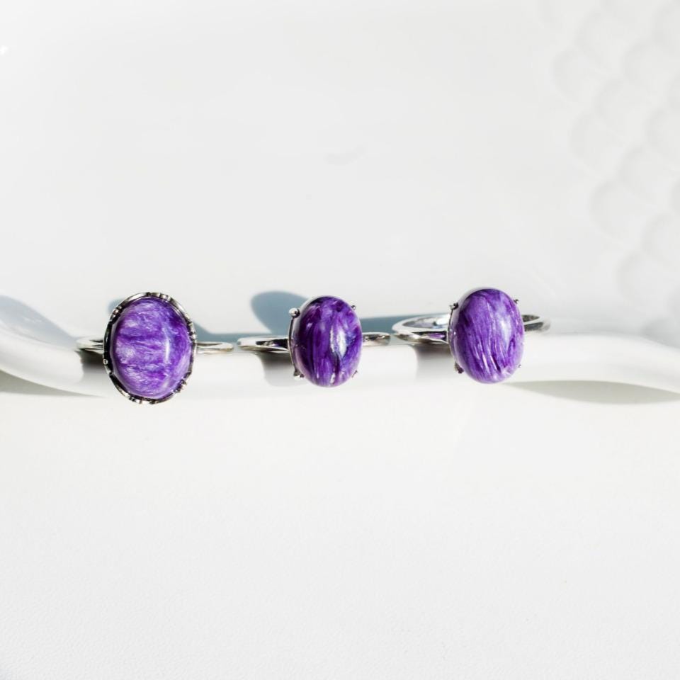 Natural Charoite Ring,925 Sterling Silver Ring, Adjustable Size Ring, Gemstone Charoite Rings, Crystal Ring Gift, Anniversary Gift for Her