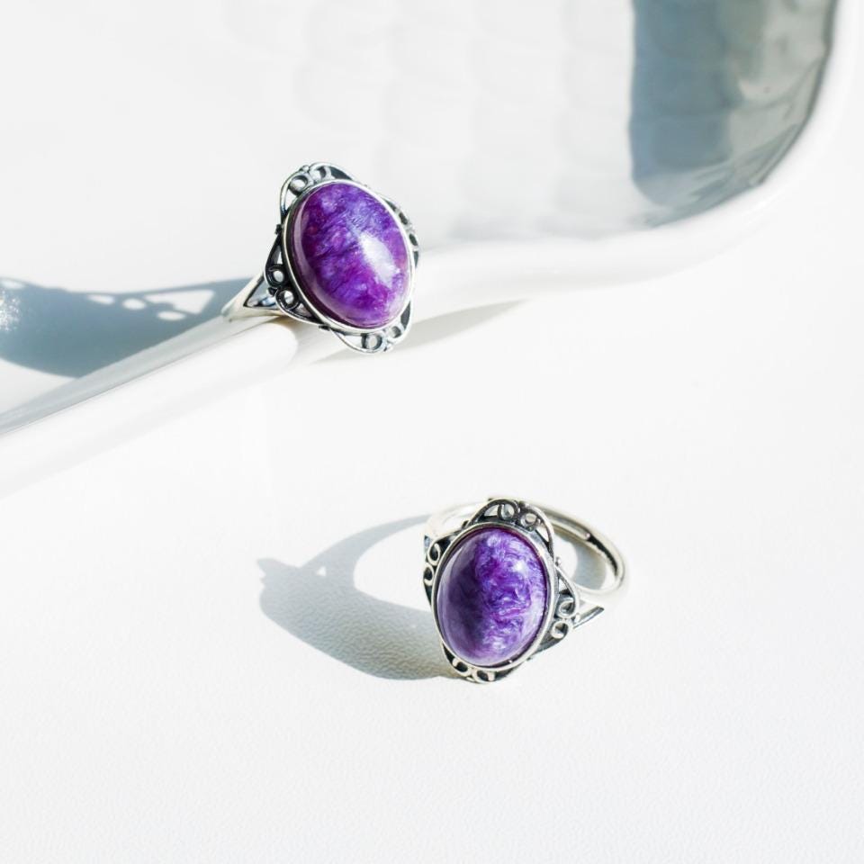 Natural Charoite Ring,925 Sterling Silver Ring, Adjustable Size Ring, Gemstone Charoite Rings, Crystal Ring Gift, Anniversary Gift for Her