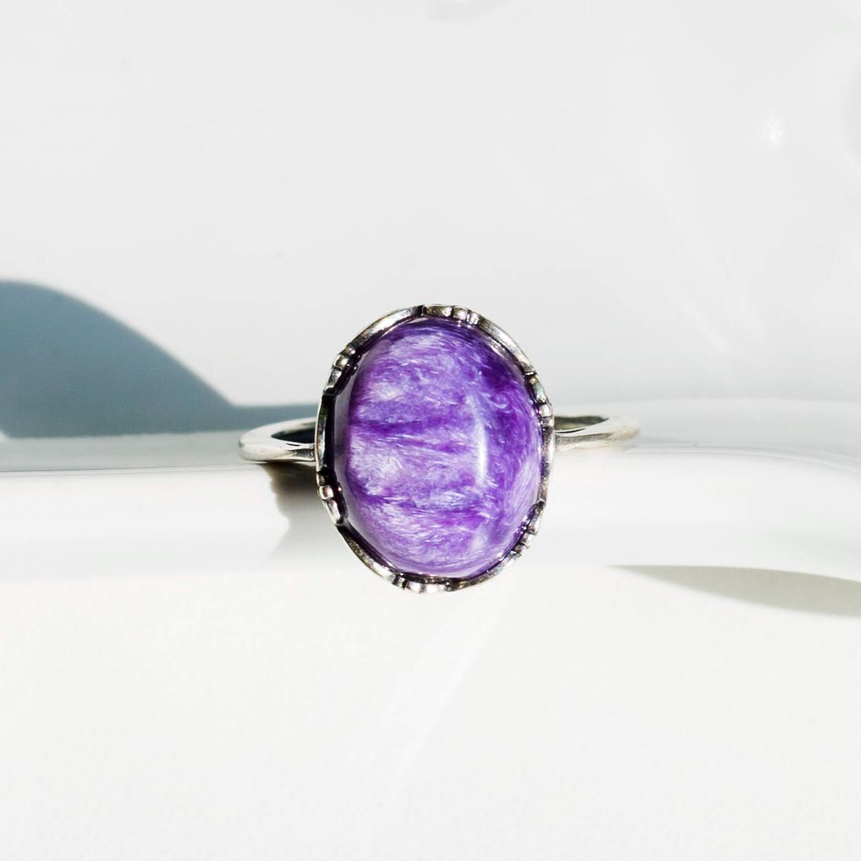 Natural Charoite Ring,925 Sterling Silver Ring, Adjustable Size Ring, Gemstone Charoite Rings, Crystal Ring Gift, Anniversary Gift for Her