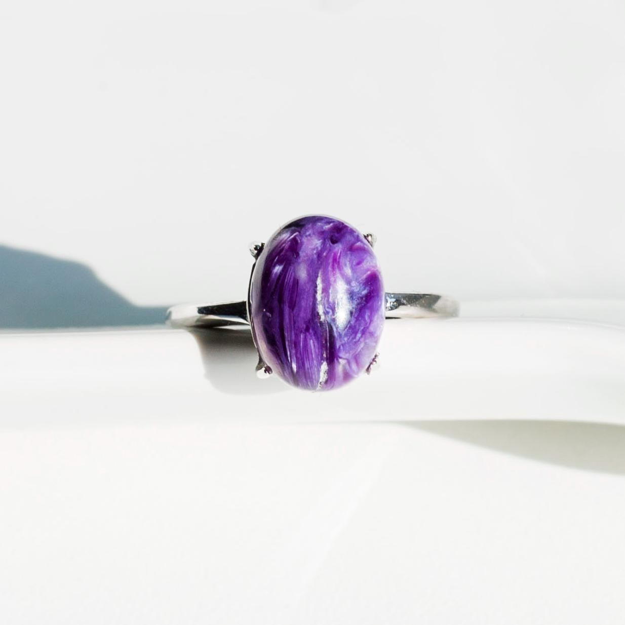 Natural Charoite Ring,925 Sterling Silver Ring, Adjustable Size Ring, Gemstone Charoite Rings, Crystal Ring Gift, Anniversary Gift for Her