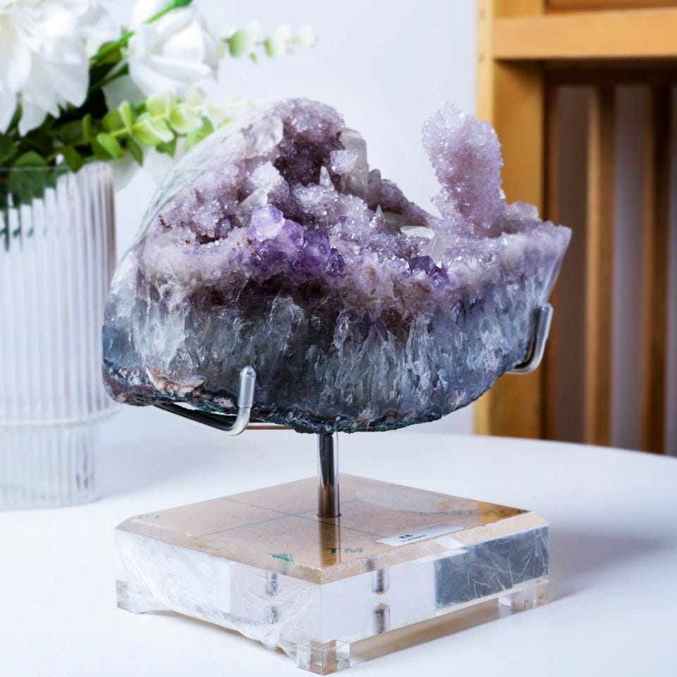 Natural Druzy Amethyst Cluster with Calcite Specimen, Mineral Collection,Gift for Mom
