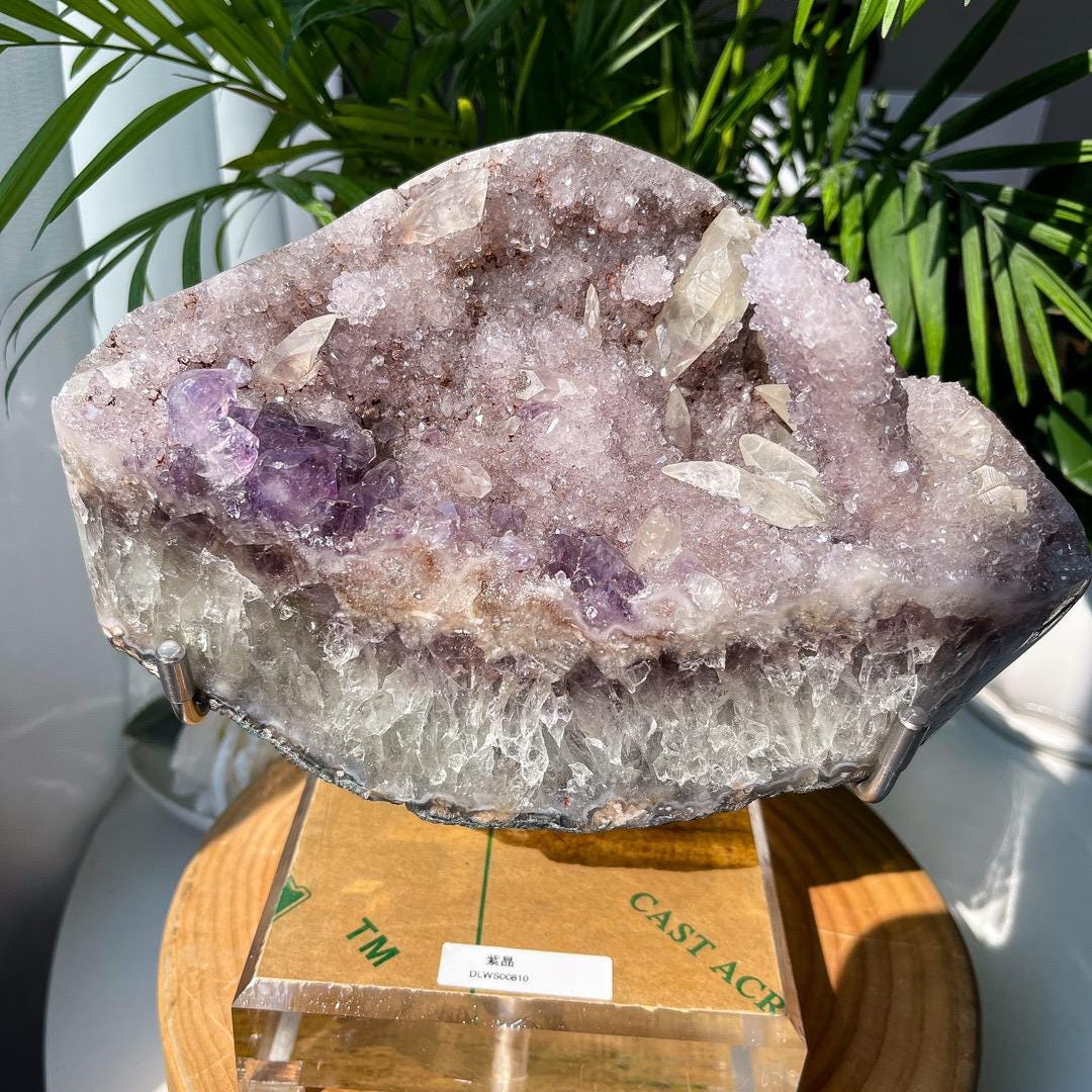 Natural Druzy Amethyst Cluster with Calcite Specimen, Mineral Collection,Gift for Mom