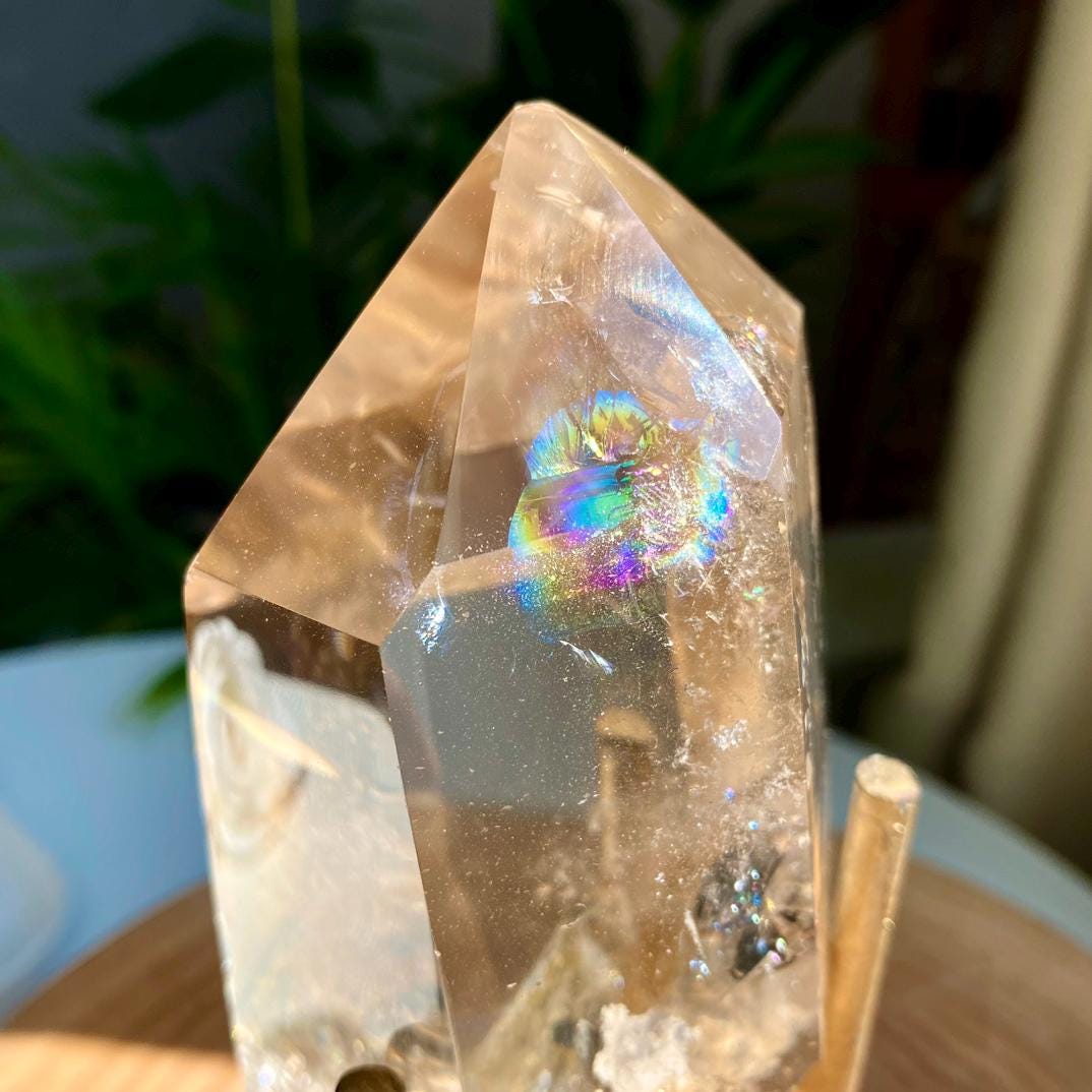 Natural Clear Garden Quartz Freeform with Rainbow, Lodolite Quartz, Garden Quartz Point, Crystal Collection, Polished Quartz Gift