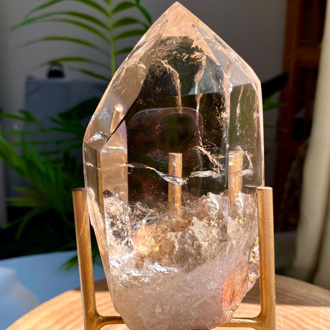 Natural Clear Garden Quartz Freeform with Rainbow, Lodolite Quartz, Garden Quartz Point, Crystal Collection, Polished Quartz Gift