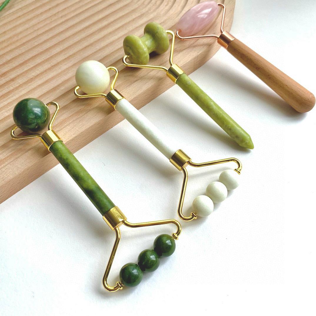Natural Jade Face Roller, Crystal Facial Massage Tool with Wooden Handle, Skincare Self Care Massager, Gift for Her