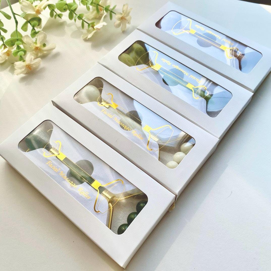 Natural Jade Face Roller, Crystal Facial Massage Tool with Wooden Handle, Skincare Self Care Massager, Gift for Her