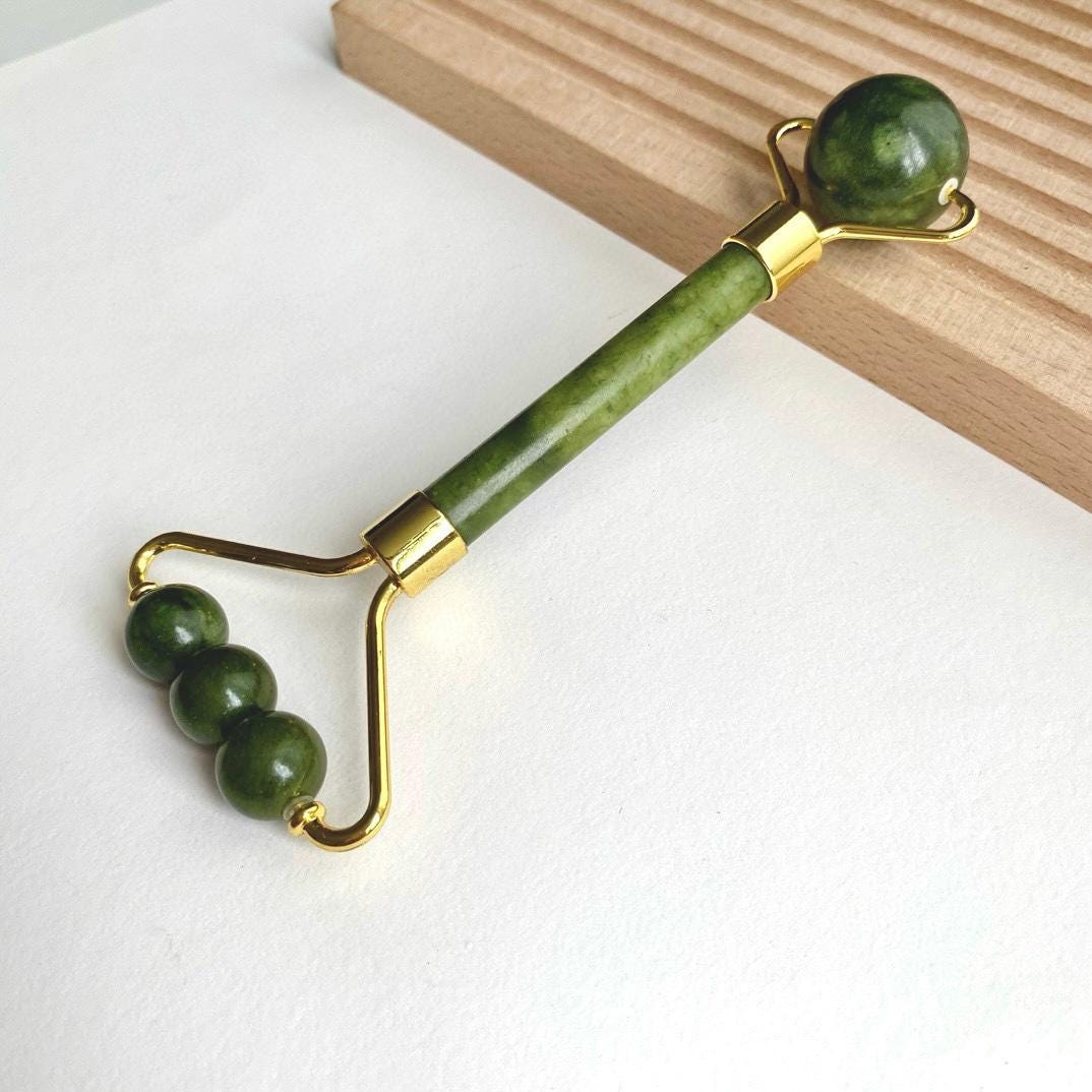 Natural Jade Face Roller, Crystal Facial Massage Tool with Wooden Handle, Skincare Self Care Massager, Gift for Her