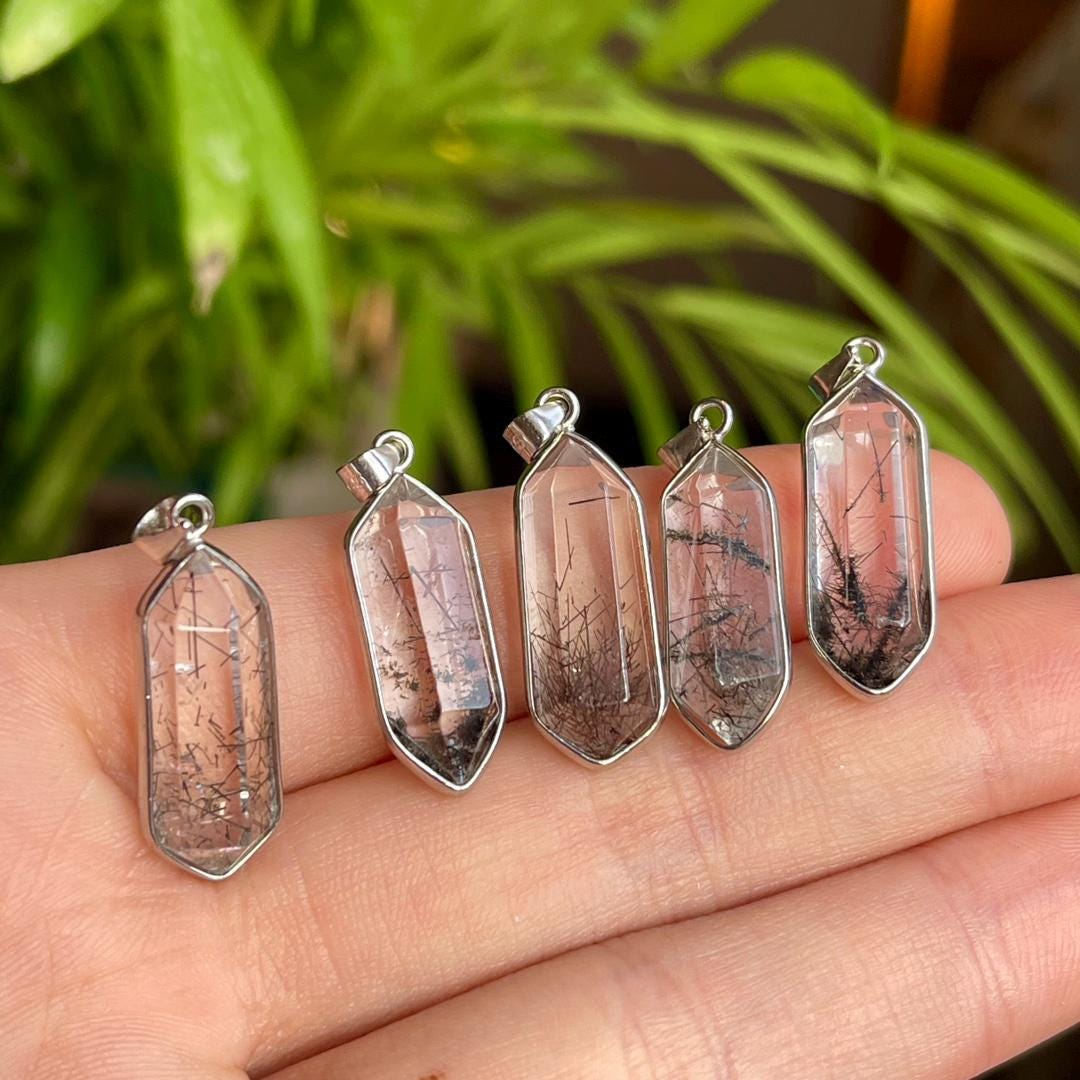 Natural Black Rutilated Quartz Pendant, S925 Sterling Silver Crystal Pendant Gift, Crystal Necklace, Handmade Jewelry for Birthday Gift